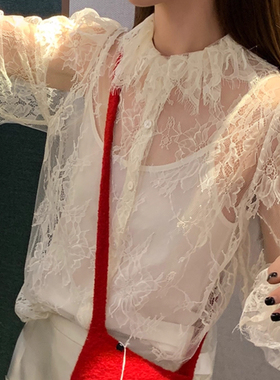 le rouge周美美同款 晨雾蕾丝清冷系花边袖透感花纹叠穿上衣