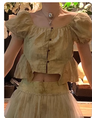 le rouge周美美 Girlcore薄雾清冷感天丝提花泡泡袖网纱半裙套装