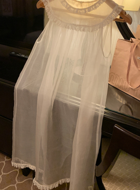 周美美同款 薄雾少女叠天菜真丝蕾丝花边领透视背心连衣裙