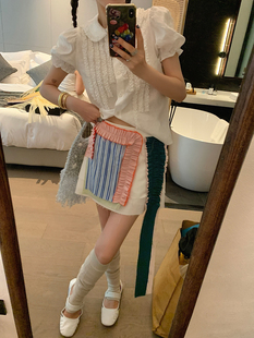 周美美同款  小众复古撞色花边短裙不对称自然毛边A字半身裙