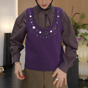 周美美同款 100全羊毛复古U领手缝镜面装饰针织叠穿马甲