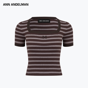 ANNANDELMAN官方直营LEON系列方领横条针织短袖女百搭显瘦通勤T