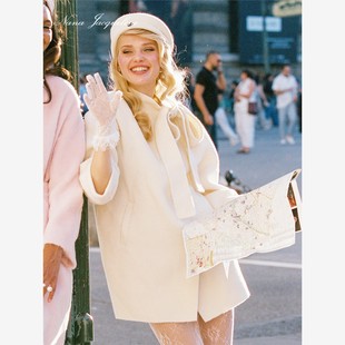 NanaJacqueline秋冬茧型领口系带双面呢大衣羊毛兔毛桑蚕丝短外套