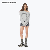 ANN 明星同款 ANDELMAN发泡印花斜领单肩卫衣女套头露肩上衣