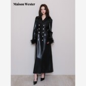 新品 Maison Wester2025冬季 帅气酷感黑色鸵鸟毛双排扣PU皮风衣