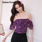 新款 Maison Wester2025年夏季 夏日妈妈气质紫色小碎花雪纺短上衣