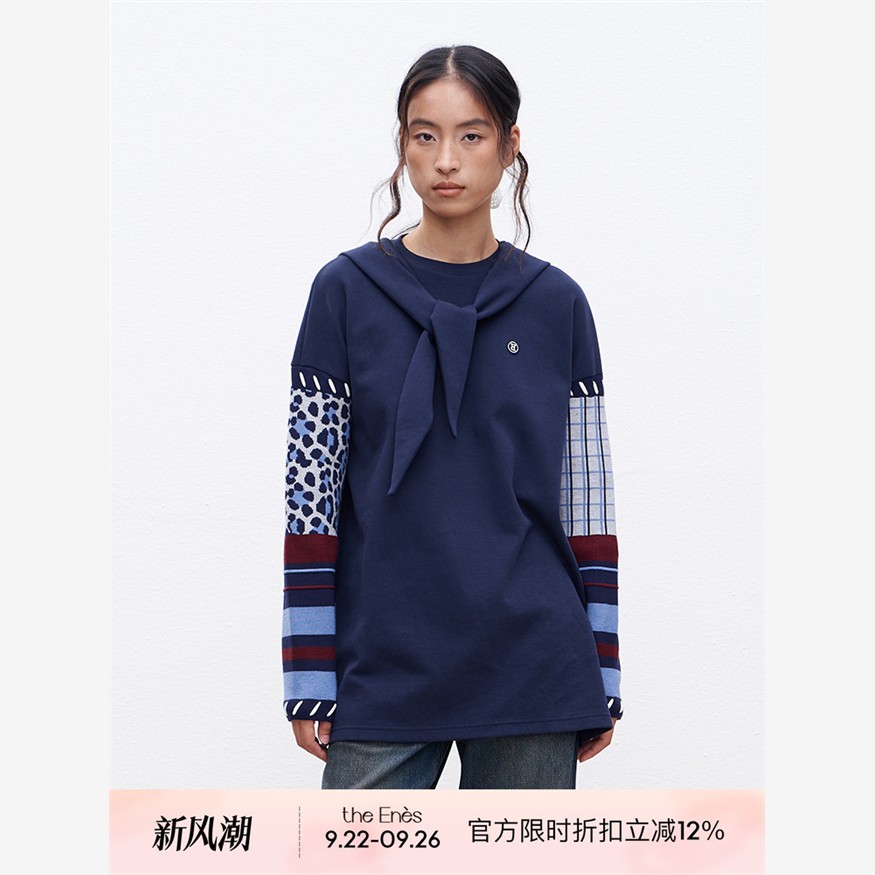 The enes boutique趣味异料撞色拼接长袖T恤女设计感围巾领上衣秋