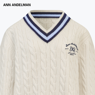 ANN ANDELMAN复古V领毛衣冬季羊毛绞花条纹拼接宽松学院风针织衫