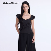 Maison Wester2025年春夏新款 黑色设计感胸前交叉荷叶边上衣