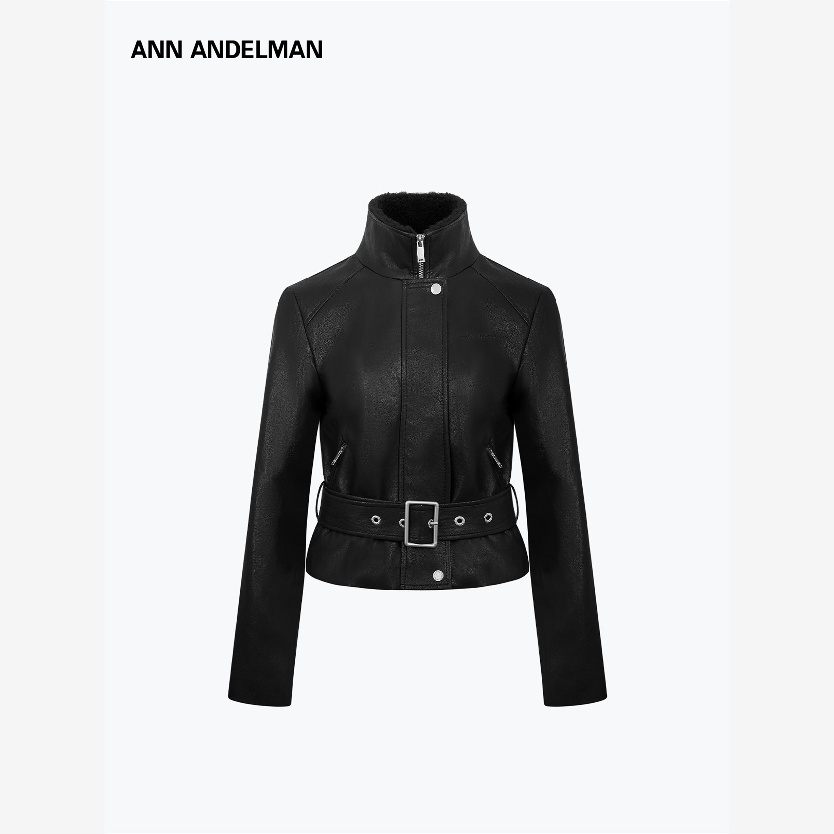 ANN ANDELMAN短款皮衣女秋冬系带收腰毛领加绒加厚保暖夹克外套