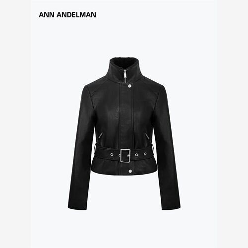 ANN ANDELMAN短款皮衣女秋冬系带收腰毛领加绒加厚保暖夹克外套
