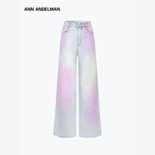ANN ANDELMAN阔腿牛仔裤女秋冬粉色马骝渐变晕染烫钻直筒休闲裤子