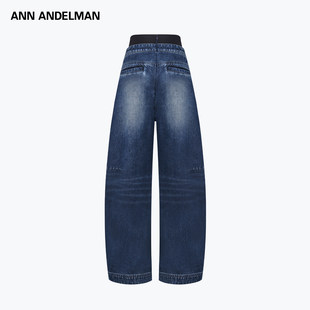 ANN ANDELMAN拼接腰头烫钻弯刀裤女前后反口袋设计感宽松牛仔裤