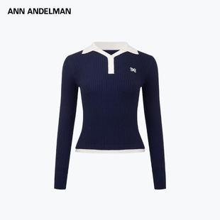 POLO领罗纹拼色毛织 ANN ANDELMAN官方直营修身 套头翻领针织衫 长袖