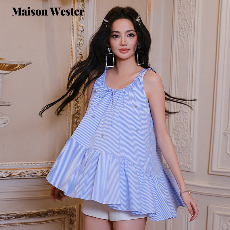 Maison Wester2025夏季新款蓝色条纹刺绣不规则吊带上衣