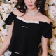 新款 Maison Wester2025夏季 可爱白花边大V领口黑色露肩上衣