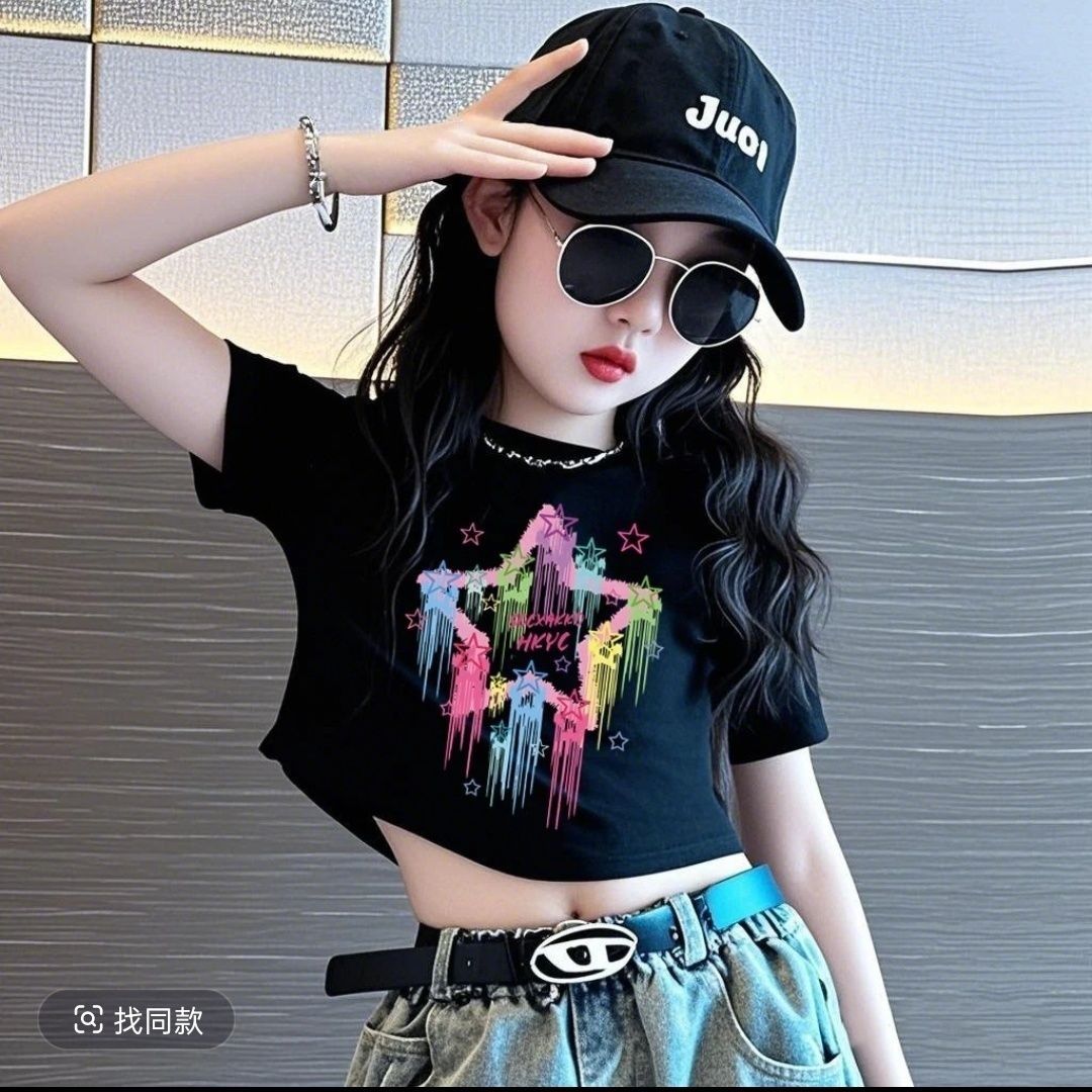 纯棉女童短袖T恤夏季装新款爆款炸街女孩印花洋气短款打底衫上衣