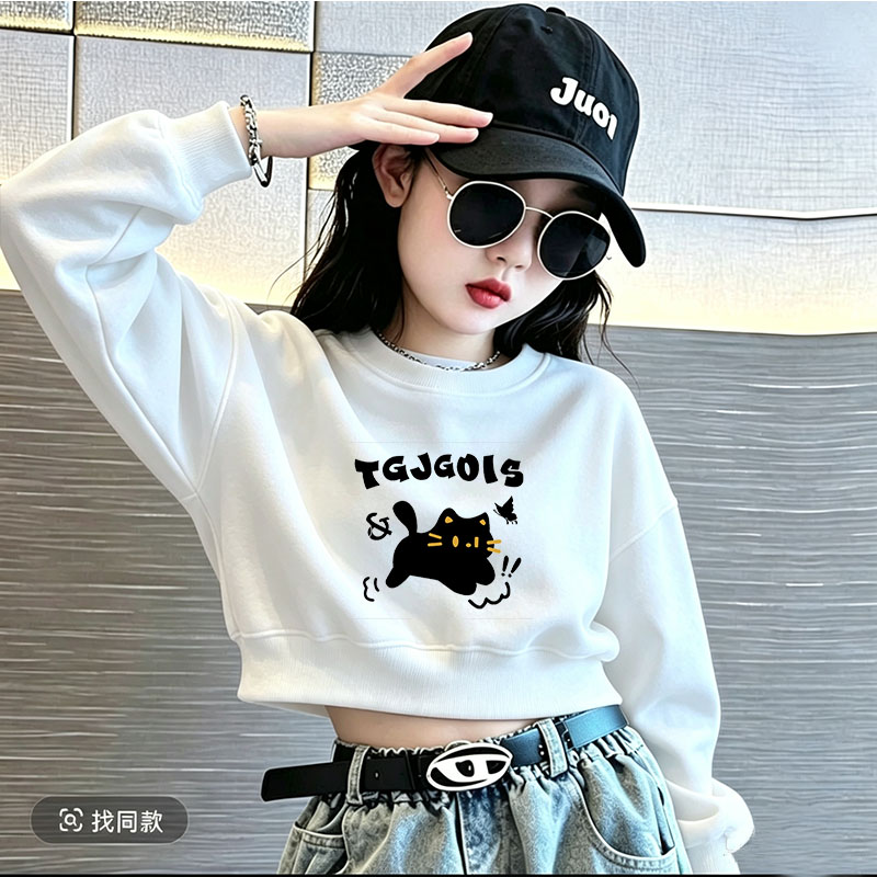 女童短款卫衣春秋冬季新款中大童女孩加绒外套儿童上衣白色打底衫