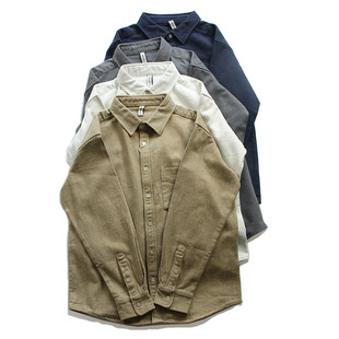 休闲衬衣外套潮 男纯色日系复古长袖 重磅厚实全棉磨毛宽松工装 衬衫