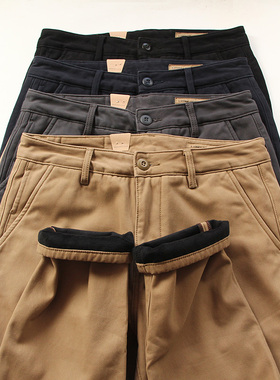 经典重磅加绒加厚chino休闲裤 美式咔叽纯棉水洗做旧复古工装长裤