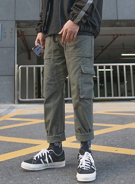 ins工装裤子男士国潮牌嘻哈坠感阔腿裤直筒宽松抽绳哈伦束脚休闲