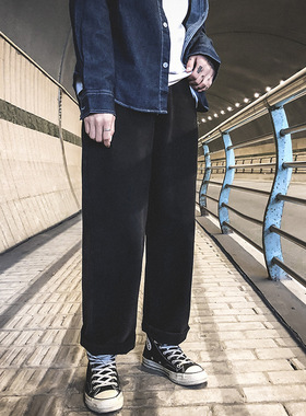 日系潮牌新款复古水洗牛仔裤男ins宽松百搭直筒拖地阔腿老爹长裤