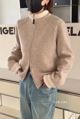 诗歌兰25131新款女装 2025冬款气质燕麦色拼接立领毛领针织毛衣女