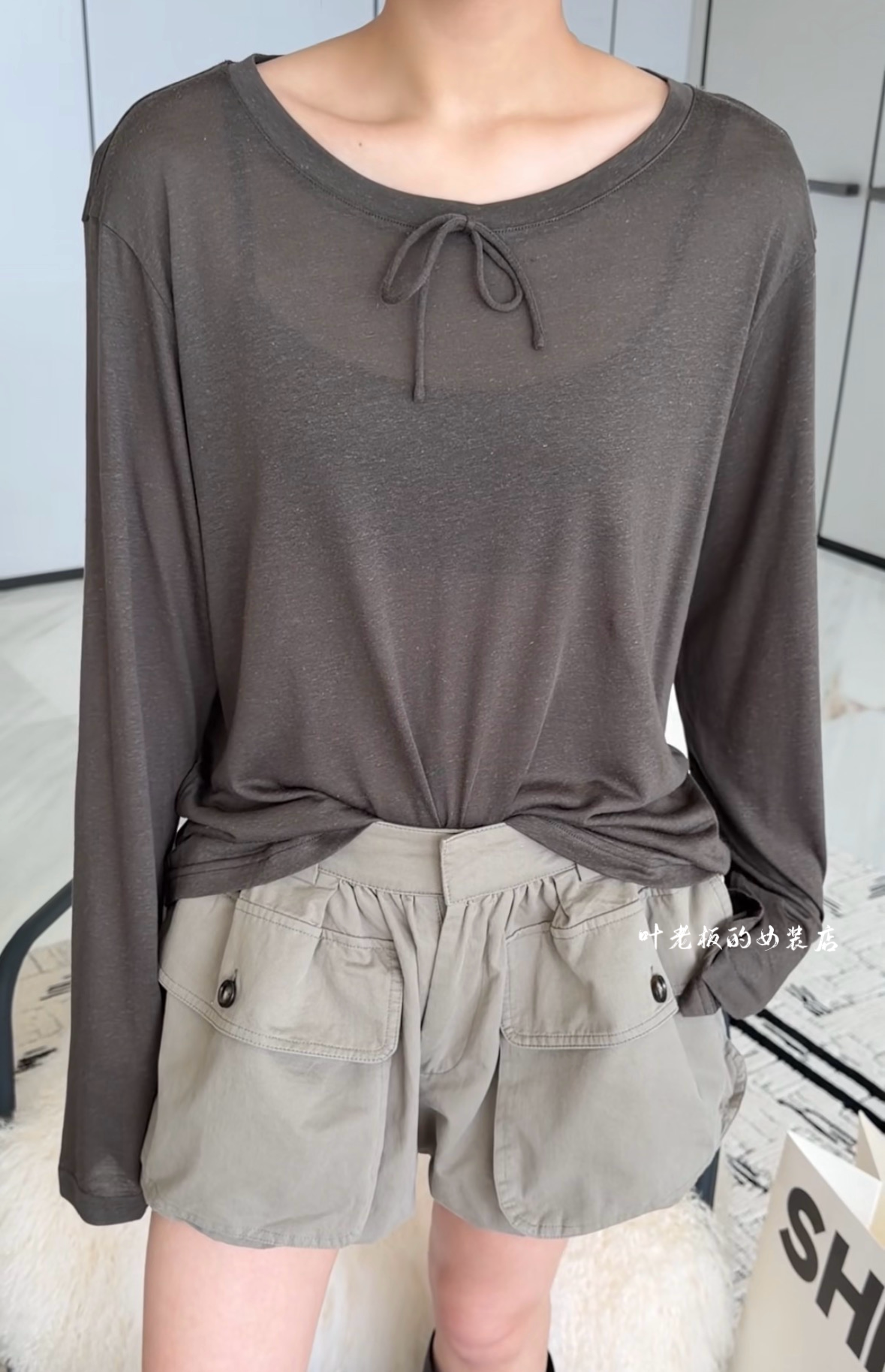 Z1280防晒长袖 诗歌兰欧货26早秋款 气质咖色蝴蝶结圆领面膜衣T恤