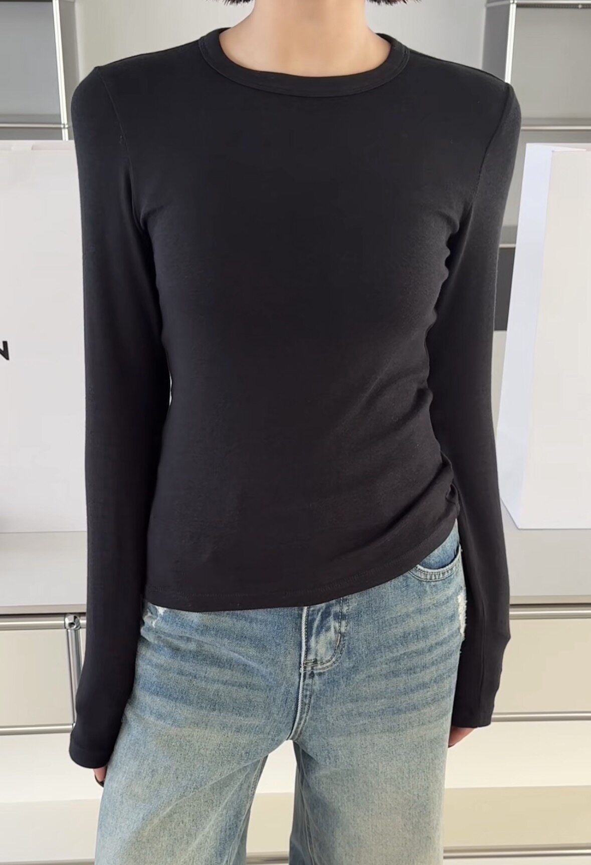 C58961弹力打底衫 诗歌兰女装26秋冬款百搭显瘦黑色圆领长袖T恤女