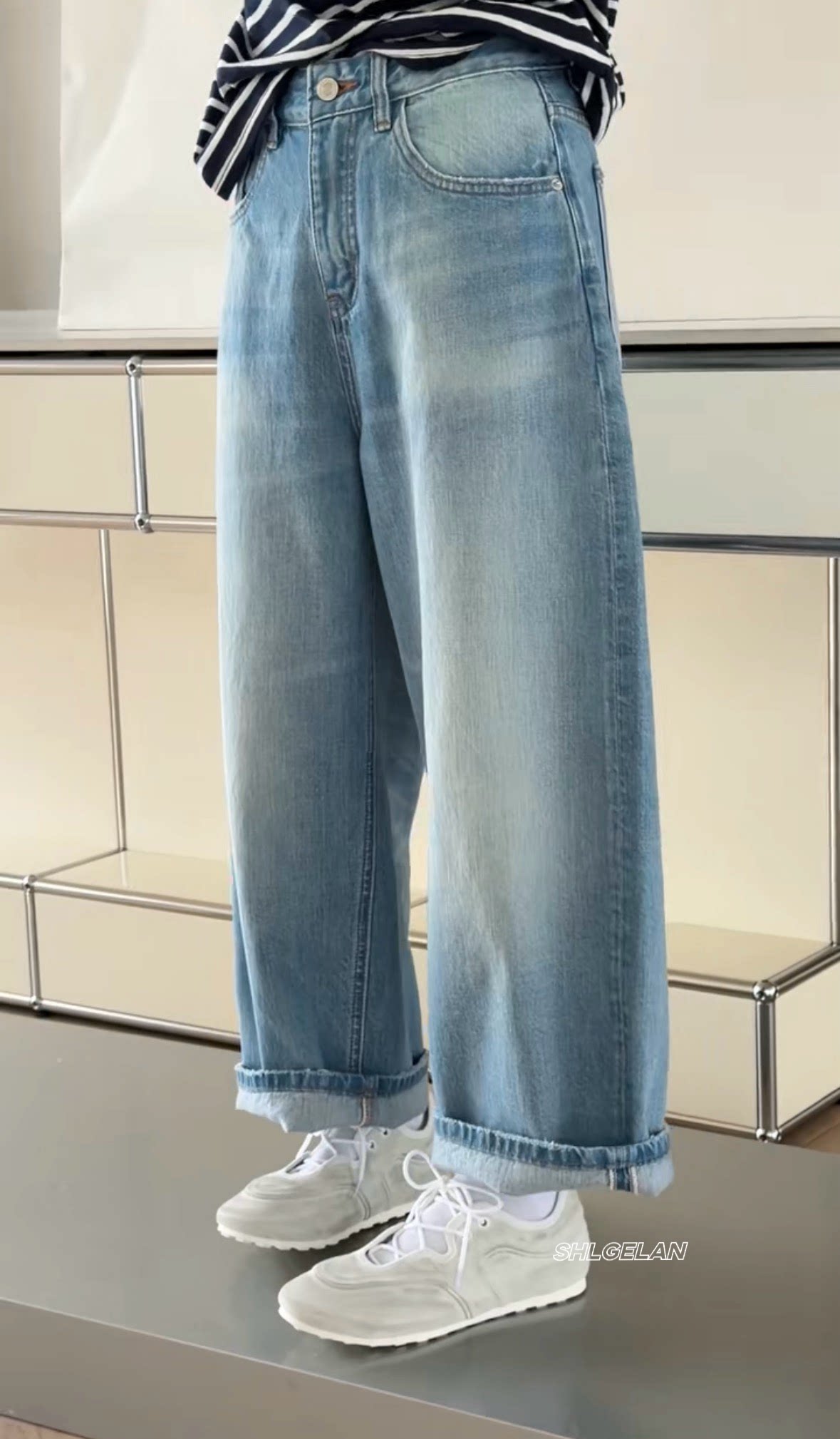 C261515诗歌兰阔腿裤 2026春款气质百搭磨白浅蓝色直筒九分牛仔裤