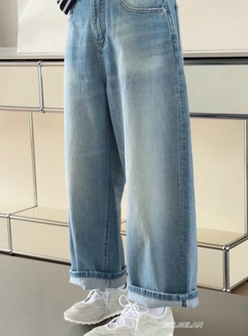 C261515诗歌兰阔腿裤 2026春款气质百搭磨白浅蓝色直筒九分牛仔裤