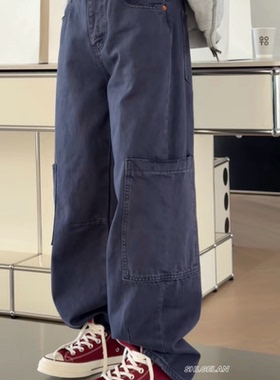 26255诗歌兰女装2026春款 气质做旧深蓝色口袋复古工装牛仔裤女
