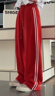 气质圣诞红松紧腰摇粒绒条纹卫裤 2025冬款 女 1082诗歌兰女装