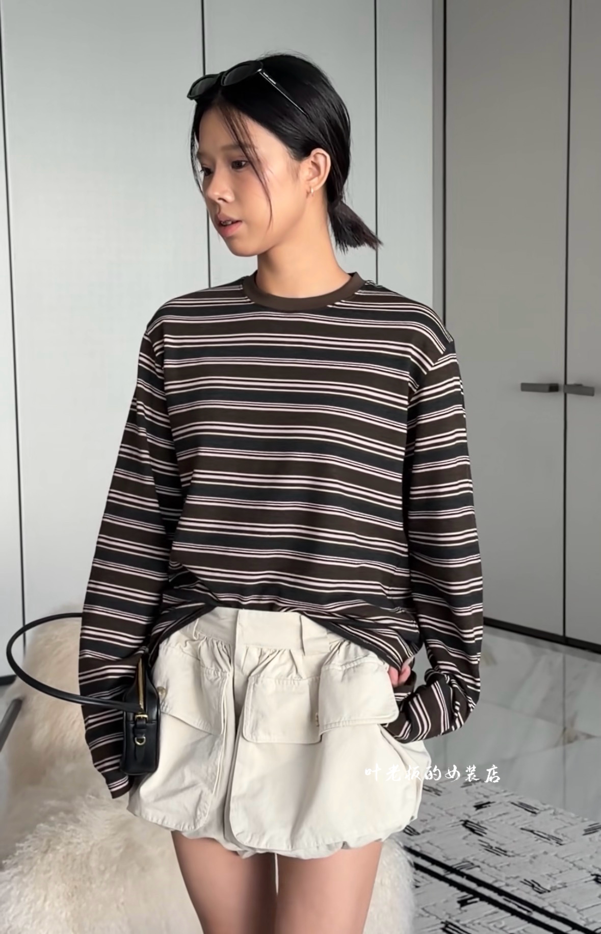 T17554条纹长袖 诗歌兰欧货26早秋新品 气质咖色条纹圆领长袖T恤