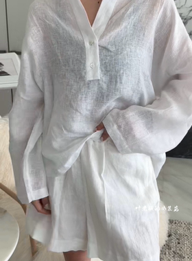 T525885翻领衬衫 诗歌兰女装2026夏款气质白色麻料防晒衫衬衣女