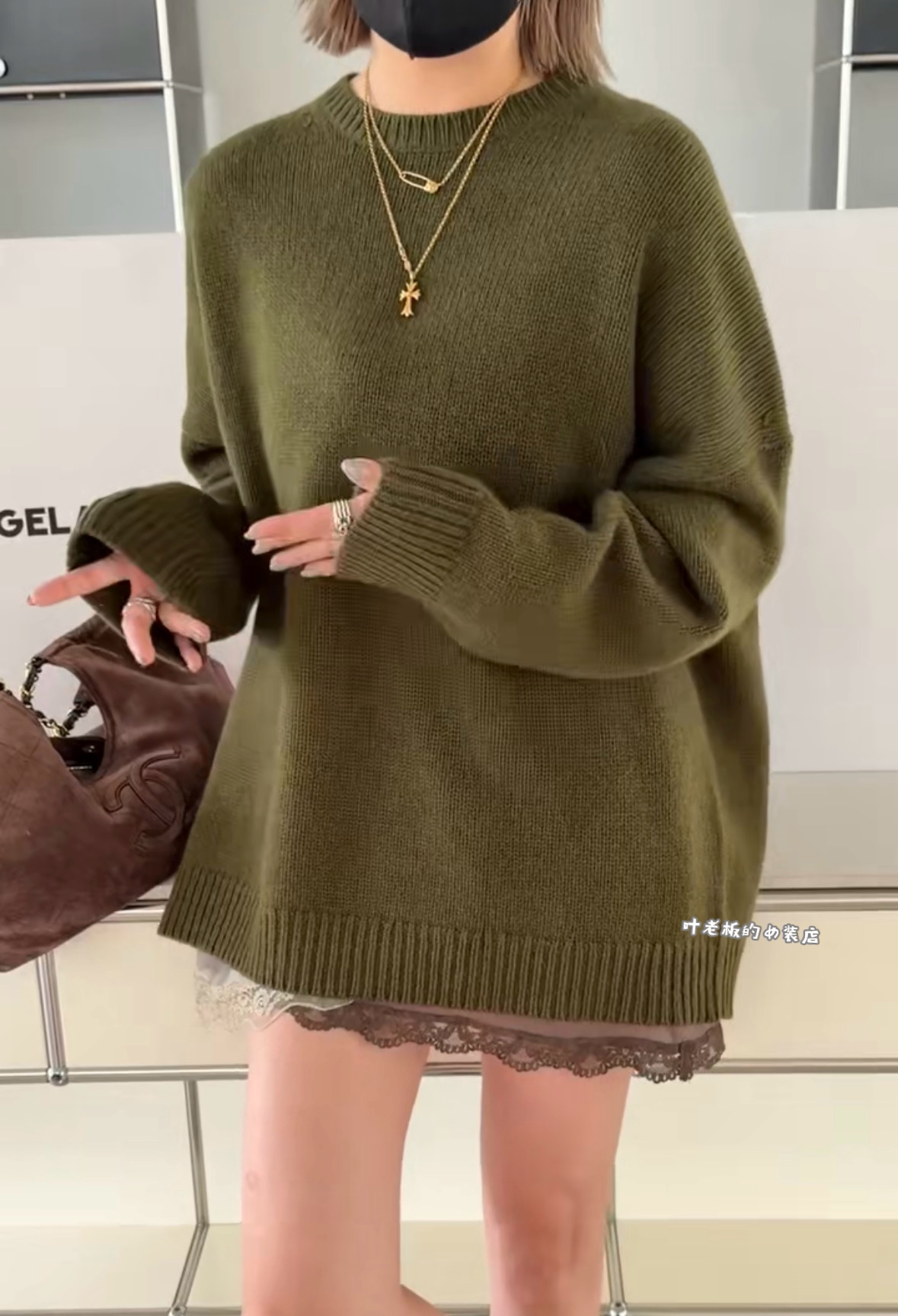 C25044圆领毛衣诗歌兰厂货女装26秋冬款气质芥末绿中长款慵懒毛衣