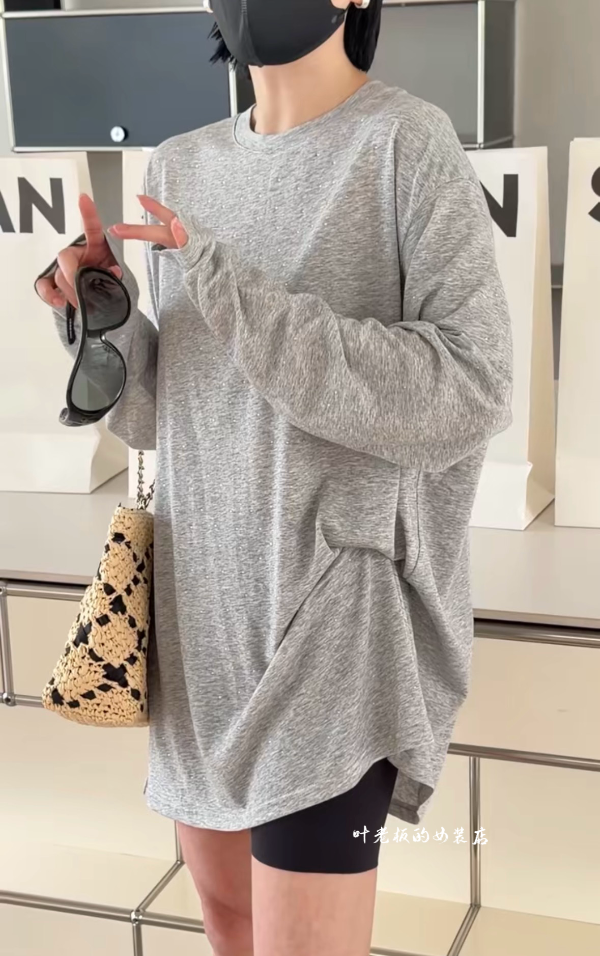 Z5468宽松长袖 诗歌兰欧货女装2026春夏款百搭灰色烫钻防晒T恤女