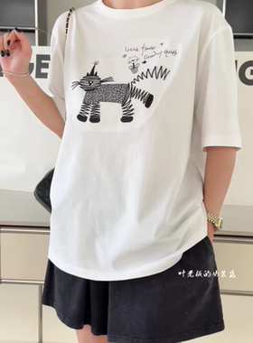 Z5437卡通短袖 诗歌兰欧货女装2026夏气质白色刺绣猫咪针织棉T恤