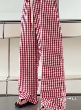 T7300抽绳休闲裤 诗歌兰欧货女装2026春夏款气质红色松紧腰格子裤