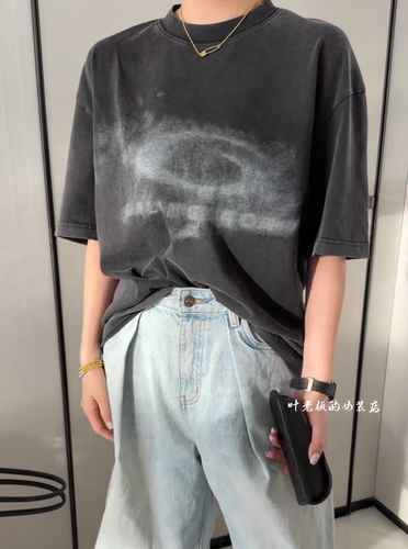 C58663水洗针织棉短袖 诗歌兰女装2026夏款气质黑灰色图案T恤女