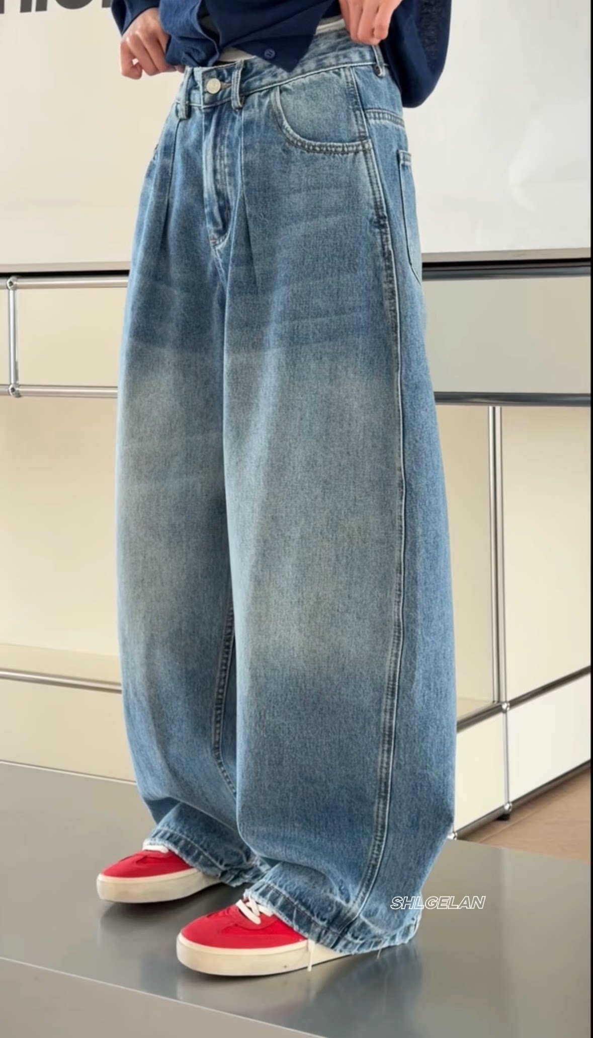 C26388诗歌兰牛仔裤2026春款女装气质百搭水洗蓝阔腿磨破牛仔裤女