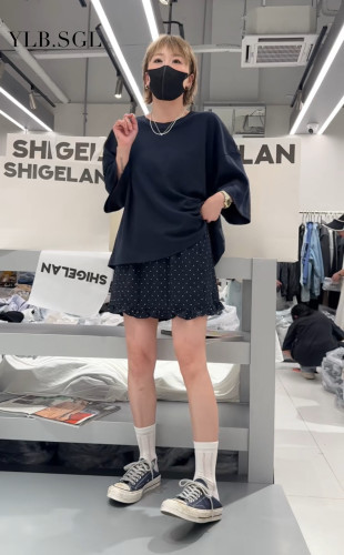 现货59999诗歌兰女装2025夏款 气质藏蓝色蝙蝠款圆领落肩短袖T恤