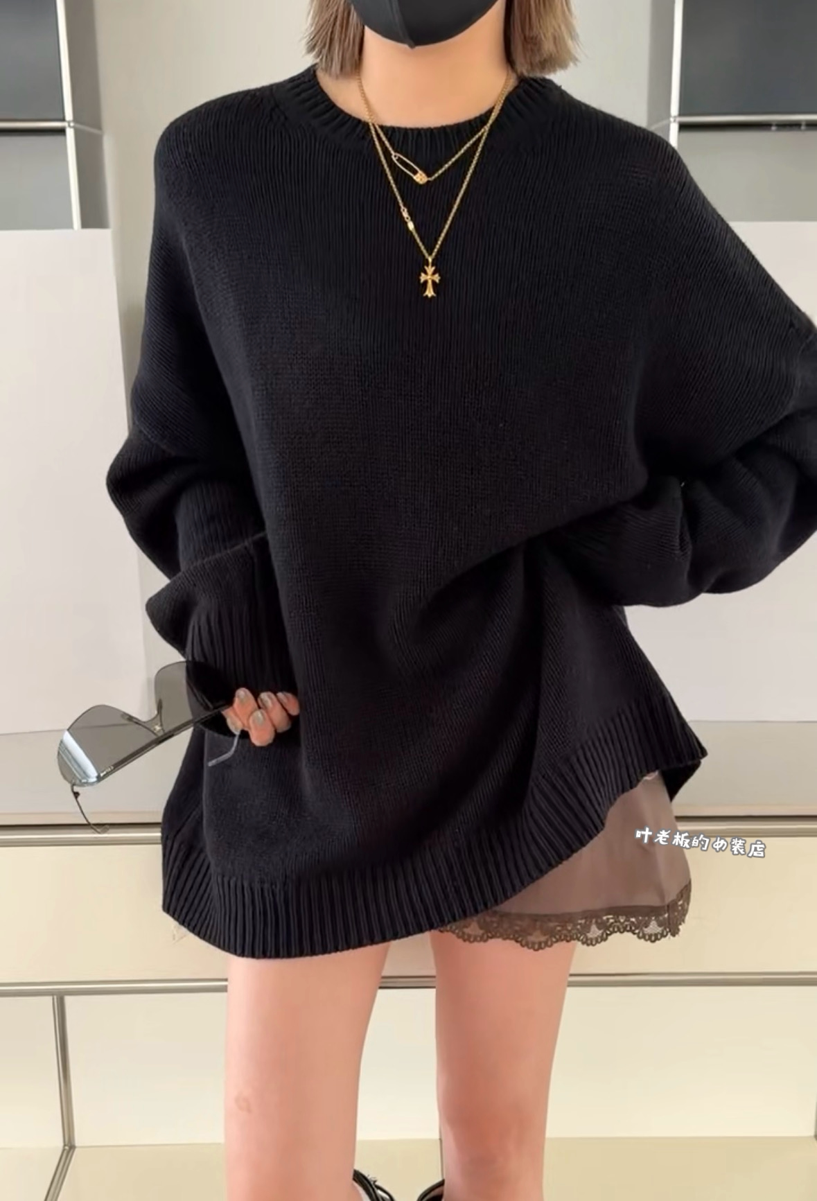 C25044宽松毛衣诗歌兰厂货女装26秋款百搭显瘦气质黑色中长款毛衣