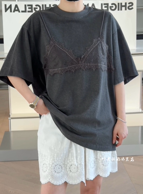 T4041-2蕾丝短袖 诗歌兰欧货2026夏女装气质灰色假两件宽松T恤女