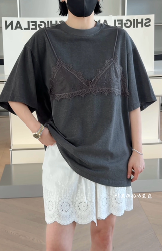T4041-2蕾丝短袖 诗歌兰欧货2026夏女装气质灰色假两件宽松T恤女