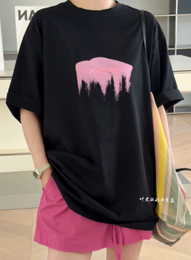 C58696字母短袖 诗歌兰女装2026夏款气质黑色粉色印花磨破T恤女