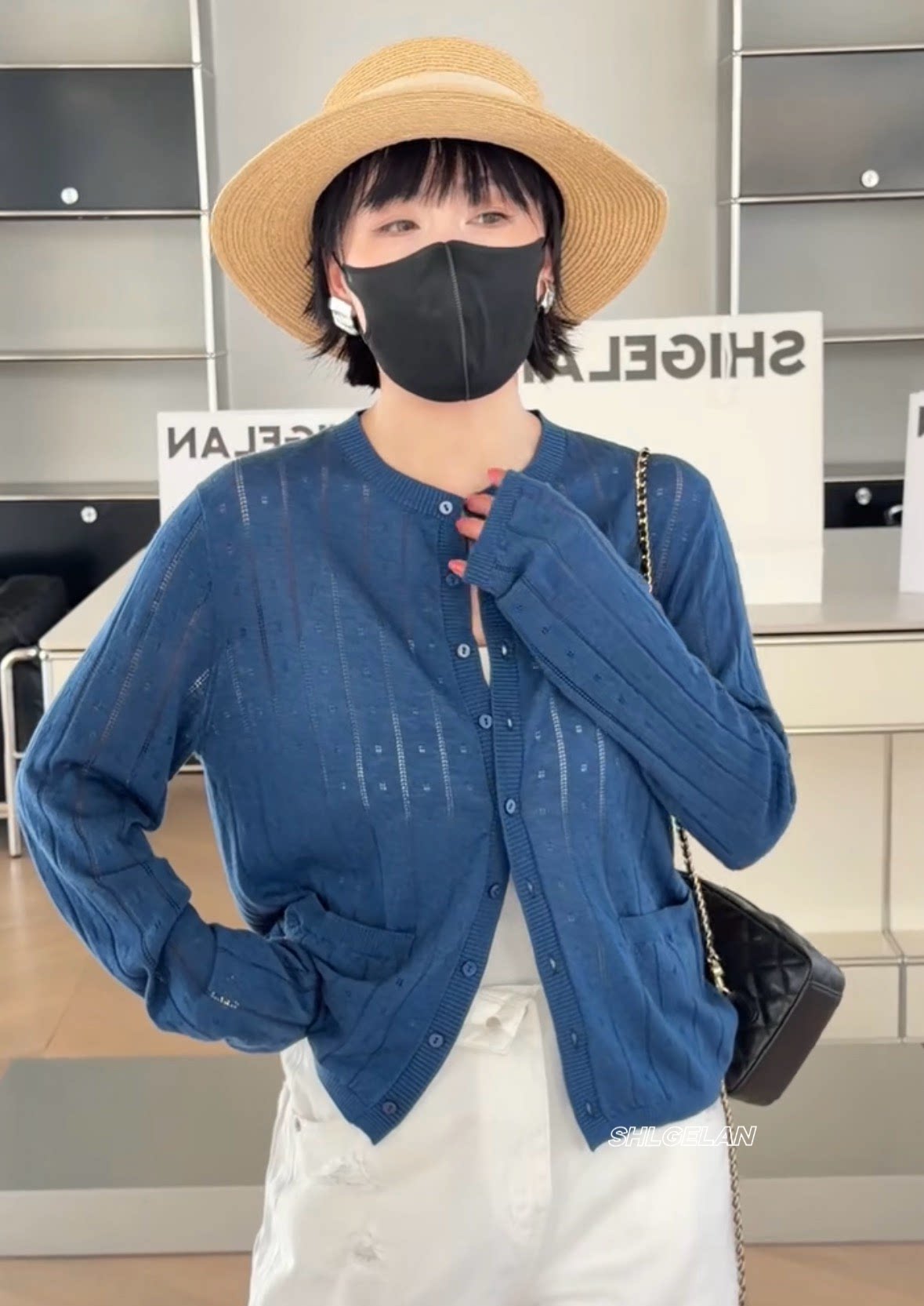 P0927602口袋开衫 诗歌兰欧货女装2026春款气质蓝色镂空针织衫女