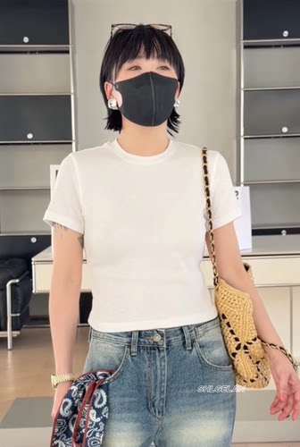 现货T878裸色短袖 诗歌兰欧货女装2026春夏款弹力圆领黑色短款T恤