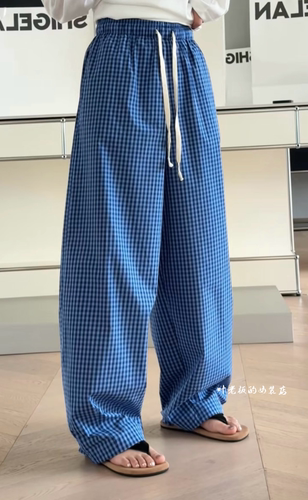 T7295松紧腰休闲裤 诗歌兰欧货女装2026春夏款气质蓝色抽绳格子裤