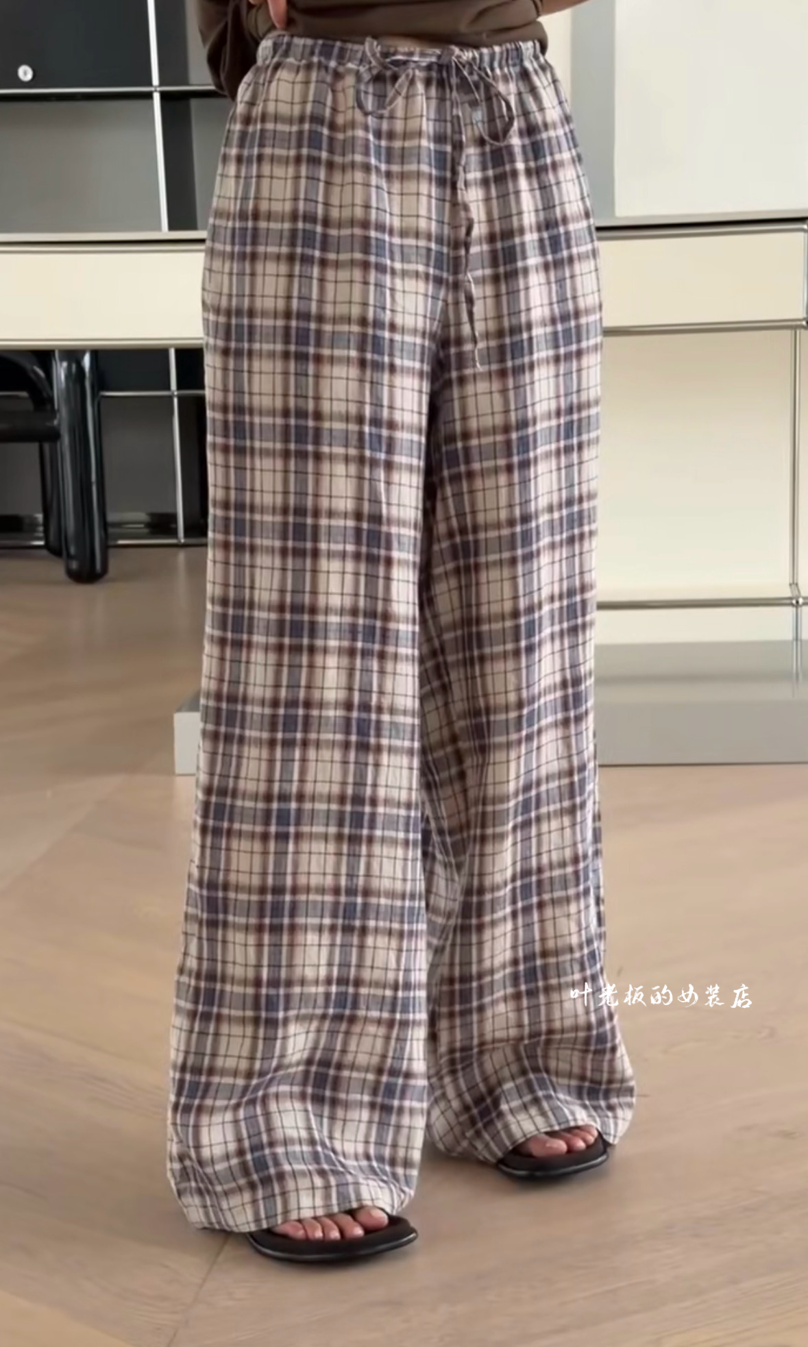 T6900抽绳休闲裤 诗歌兰欧货2026夏款气质杏色麻料格子裤休闲裤女